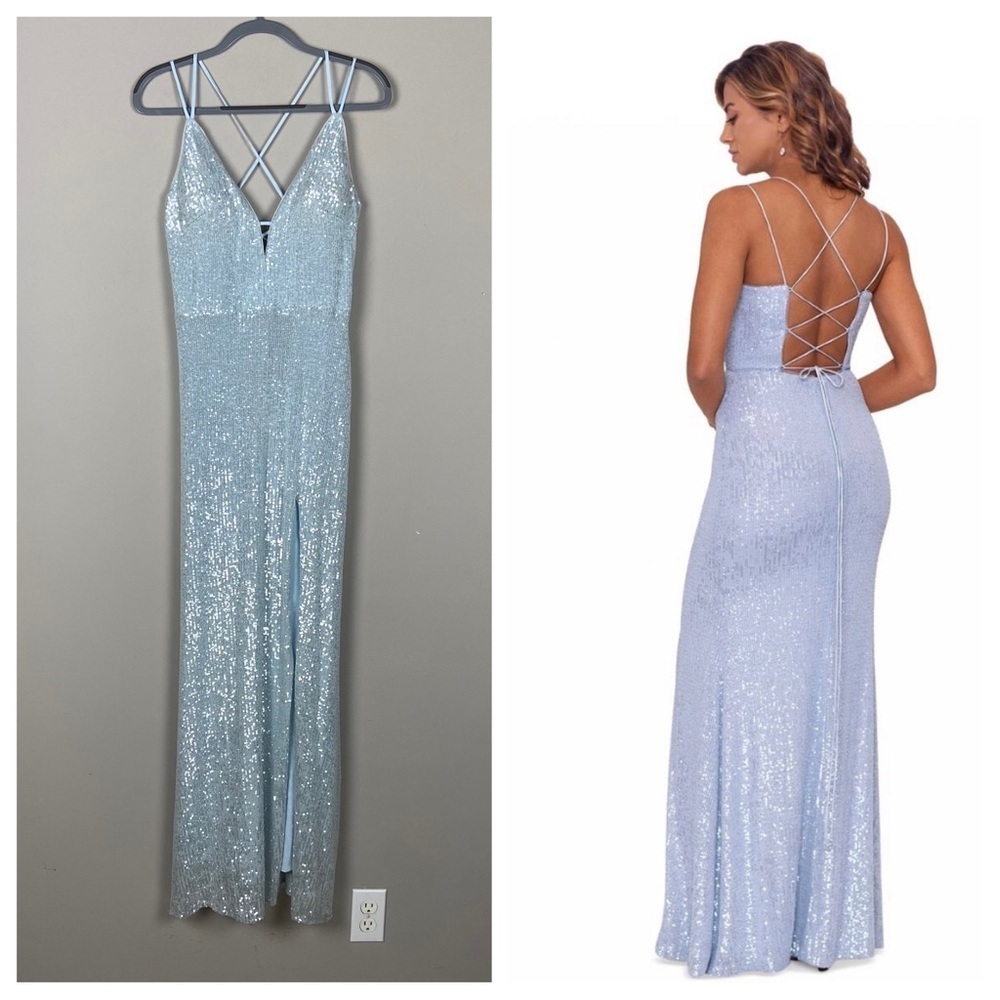New! Xscape Mesh Sequin Spaghetti Strap Gown Light Blue Nwt 11164